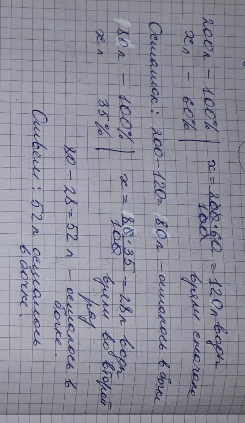 Вбочке было 200 л воды из неё взяли сначала 60% воды а потом ещё 35% остатка. сколько воды осталось