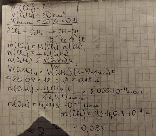 Какую массу хлора необходимо для полного хлорирования 20 см³ ацетилена содержащего 10% примесей ?