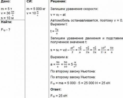 Автомобиль массой 5т движется со скоростью 36 км/ч. определите силу трения шин автомобиля о поверхно