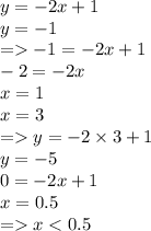 y = - 2x + 1 \\ y = - 1 \\ = - 1 = - 2x + 1 \\ - 2 = - 2x \\ x = 1 \\ x = 3 \\ = y = - 2 \times 3 + 1 \\ y = - 5 \\ 0 = - 2x + 1 \\ x = 0.5 \\ = x < 0.5