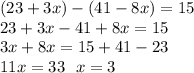 (23 + 3x) - (41 - 8x) = 15 \\ 23 + 3x - 41 + 8x = 15 \\ 3x + 8x = 15 + 41 - 23 \\ 11x = 33 \: \: \: x = 3