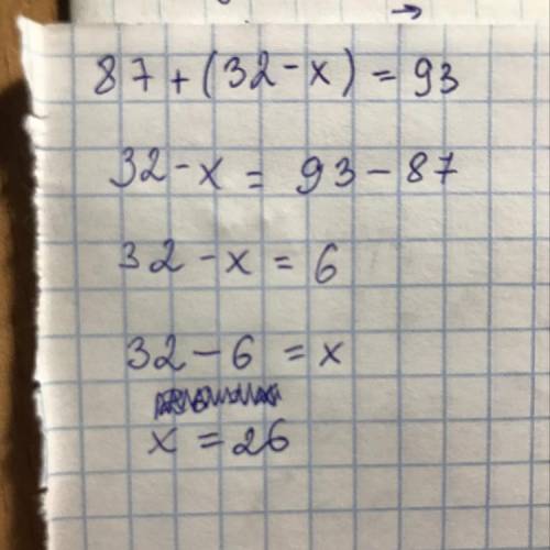 Подскажите как решить уравнение 87+(32-х)=93​