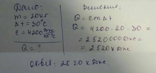 Какое количество теплоты выделится при охлаждении воды массой 20 кг на 30 градусов