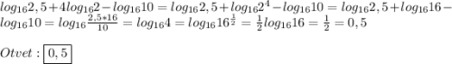 log_{16}2,5+4log_{16}2-log_{16}10=log_{16}2,5+log_{16}2^{4}-log_{16}10=log_{16}2,5+log_{16}16-log_{16}10=log_{16}\frac{2,5*16}{10}=log_{16}4=log_{16}16^{\frac{1}{2}}=\frac{1}{2}log_{16}16=\frac{1}{2}=0,5\\\\Otvet:\boxed{0,5}