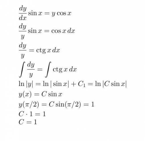 Найдите значение постоянной с, при котором решение дифференциального уравнения y′sinx=ycosx удовлетв