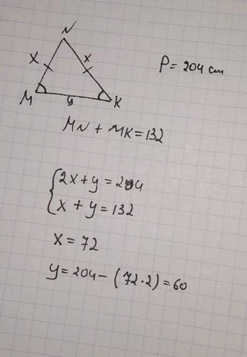 Втреугольнике мnk угол m=k, периметр треугольника mnk равен 204 см,сумма длин сторон mn и mk равно 1