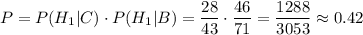 P=P(H_1|C)\cdot P(H_1|B)=\dfrac{28}{43}\cdot\dfrac{46}{71}=\dfrac{1288}{3053}\approx0.42