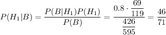 P(H_1|B)=\dfrac{P(B|H_1)P(H_1)}{P(B)}=\dfrac{0.8\cdot\dfrac{69}{119}}{\dfrac{426}{595}}=\dfrac{46}{71}