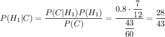 P(H_1|C)=\dfrac{P(C|H_1)P(H_1)}{P(C)}=\dfrac{0.8\cdot\dfrac{7}{12}}{\dfrac{43}{60}}=\dfrac{28}{43}