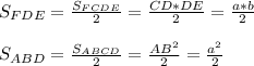 S_{FDE} = \frac{S_{FCDE}}{2} = \frac{CD*DE}{2}=\frac{a*b}{2}\\ \\ S_{ABD}=\frac{S_{ABCD}}{2} = \frac{AB^2}{2}=\frac{a^2}{2}