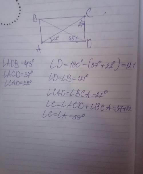 Знайдіть кути чотирикутника abcd, вписаного в коло, якщо кут аdb=43°, кут acd=37°, кут cad=22°. (реш