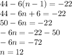 44-6(n-1)=-22\\44-6n+6=-22\\50-6n=-22\\-6n=-22-50\\-6n=-72\\n=12