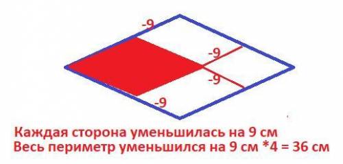 Периметр ромба 84 см. сторону ромба уменьшили на 9 см. на сколько сантиметров уменьшился периметр эт