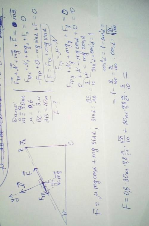 Коэффицент трения между наклонной плоскостью и грузом массой 30 кг равен 0,6 .найти силу , которую н