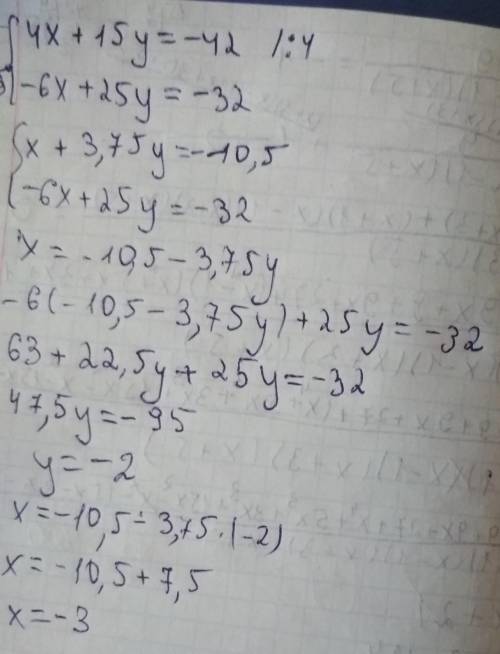 Решите систему уравнений 4x+15y= -42 -6x+25y= -32