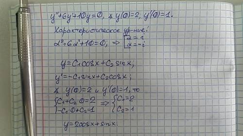 Решить дифференциальное уравнение: y'' - 6y' +10y=0 при y(0)=2 ; y'(0)=1​