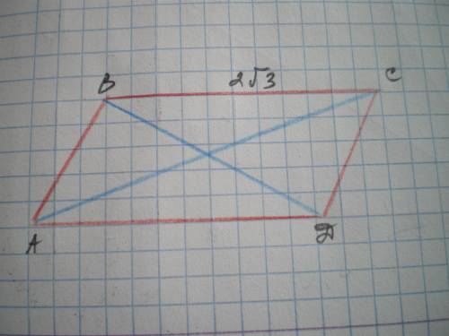 Впараллелограмме авсд диагонали равны 5см и 7см. вычислите сторону ав, если есливс 2корень из 3 см