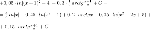 +0,05\cdot ln|(x+1)^2+4|+0,3\cdot \frac{1}{2}\, arctg\frac{x+1}{2}+C=\\\\=\frac{4}{5}\, ln|x|-0,45\cdot ln(x^2+1)+0,2\cdot arctgx+0,05\cdot ln(x^2+2x+5)+\\\\+0,15\cdot arctg\frac{x+1}{2}+C