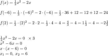 f(x)=\frac13x^2-2x\\\\f(-6)=\frac13\cdot(-6)^2-2\cdot(-6)=\frac13\cdot36+12=12+12=24\\\\f(2)=\frac13\cdot(2)^2-2\cdot2=\frac13\cdot4-4=\frac43-4=1\frac13-4=-2\frac23\\\\\\\frac13x^2-2x=0\;\;\times3\\x^2-6x=0\\x\cdot(x-6)=0\\x_1=0,\;x_2=6