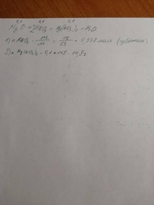 На mgo с кол-во вещества 0,1 моль подействовали раствором, содержащий 15г hno3. вычислите массу полу