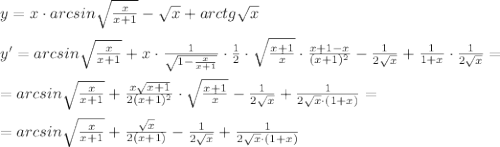 y=x\cdot arcsin\sqrt{\frac{x}{x+1}}-\sqrt{x}+arctg\sqrt{x}\\\\y'=arcsin\sqrt{\frac{x}{x+1}}+x\cdot \frac{1}{\sqrt{1-\frac{x}{x+1}}}\cdot \frac{1}{2}\cdot \sqrt{\frac{x+1}{x}}\cdot \frac{x+1-x}{(x+1)^2}-\frac{1}{2\sqrt{x}}+\frac{1}{1+x}\cdot \frac{1}{2\sqrt{x}}=\\\\=arcsin\sqrt{\frac{x}{x+1}}+\frac{x\sqrt{x+1}}{2(x+1)^2}\cdot \sqrt{\frac{x+1}{x}}-\frac{1}{2\sqrt{x}}+\frac{1}{2\sqrt{x}\cdot (1+x)}=\\\\=arcsin\sqrt{\frac{x}{x+1}}+\frac{\sqrt{x}}{2(x+1)}-\frac{1}{2\sqrt{x}}+\frac{1}{2\sqrt{x}\cdot (1+x)}