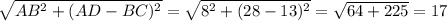 \sqrt{AB^{2} +(AD-BC)^{2} }=\sqrt{8^2+(28-13)^2}=\sqrt{64+225}=17