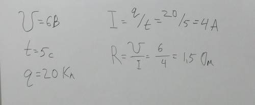 При подаче к концам проводника напряжения 6 в за 5 с через него заряд 20 кл. каким было сопротивлени