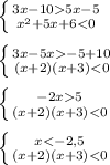 \left \{ {{3x-105x-5} \atop {x^{2}+5x+6-5+10} \atop {(x+2)(x+3)5} \atop {(x+2)(x+3)