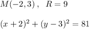 M(-2,3)\; ,\; \; R=9\\\\(x+2)^2+(y-3)^2=81