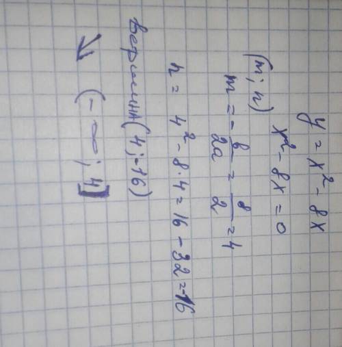 найдите вершину параболы и определите промежуток на котором функция убывает: y=x^2-8x