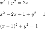 x^2+y^2=2x\\ \\ x^2-2x+1+y^2=1\\ \\ (x-1)^2+y^2=1