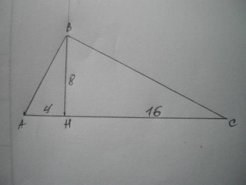 Высота прямоугольного треугольника проведенная к гипотенузе делит её на отрезки длиной 4 см и 16 см