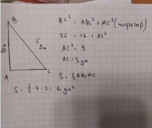 Гипотенуза прямоугольного треугольника равна 5 дм, а один из катетов 4 дм. найдите площадь треугольн