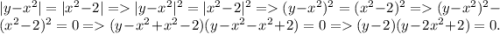 |y-x^2|=|x^2-2|=|y-x^2|^2=|x^2-2|^2=(y-x^2)^2=(x^2-2)^2=(y-x^2)^2-(x^2-2)^2=0=(y-x^2+x^2-2)(y-x^2-x^2+2)=0=(y-2)(y-2x^2+2)=0.