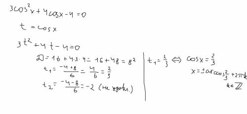 Решить тригонометрическое уравнение с дискрименантом 3cos^2x+4cosx-4=0