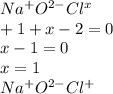 Na {}^{ + } O {}^{2 - } Cl {}^{x} \\ + 1 + x - 2 = 0 \\ x - 1 = 0 \\ x = 1 \\ Na {}^{ + } O {}^{2 - } Cl {}^{ + }