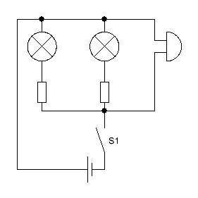 Схема электрической цепи: источник, ключ, звонок, 2 лампочки, 2 сопротивление .