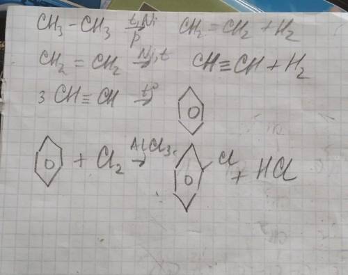 Составить уравнение по данной схеме c2h6 -c2h4 - c2h2 - бензол-c6h5cl