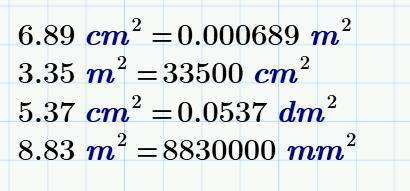 Преобразуй данную площадь в другие единицы измерения площади: 1. 6,89 см2 = м2; 2. 3,35 м2 = см2;