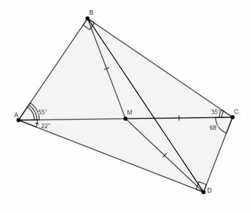 Про четырёхугольник abcd известно, что ∠dac=22∘, ∠cab=55∘, ∠acd=68∘, ∠acb=35∘. точка m — середина ди