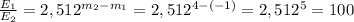 \frac{E_{1} }{E_{2} } =2,512^{m_{2}-m_{1} }= 2,512^{4-(-1)}=2,512^{5}=100\\