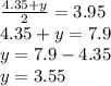 \frac{4.35 + y}{2} = 3.95 \\ 4.35 + y = 7.9 \\ y = 7.9 - 4.35 \\ y = 3.55