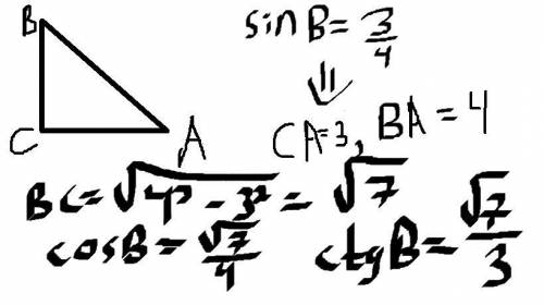 Впрямоугольном треугольнике sinb=3/4, постройте данный треугольник. вычислите соsb, ctgb​