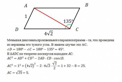 Сторони паралелограма дорівнюють 4√2 см і 1см, один з його кутів дорівнює 135°. знайдіть меншу діаго