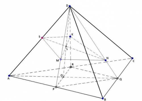 Впіраміді abcd на медіанах dp, dq, dr граней abd, bcd, cad відповідно задано точки m, n, k, для яких