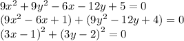 9 {x}^{2} + 9 {y}^{2} - 6x - 12y + 5 = 0 \\ (9 {x}^{2} - 6x + 1) + (9 {y}^{2} - 12y + 4) = 0 \\ {(3x - 1)}^{2} + {(3y - 2)}^{2} = 0