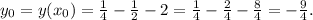 y_0=y(x_0)=\frac{1}{4}-\frac{1}{2}-2=\frac{1}{4}-\frac{2}{4}-\frac{8}{4}=-\frac{9}{4}.