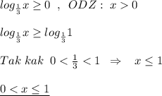 log_{\frac{1}{3}}x\geq 0\; \; ,\; \; ODZ:\; x0\\\\log_{\frac{1}{3}}x\geq log_{\frac{1}{3}}1\\\\Tak\; kak\; \; 0