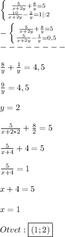 \left \{ {{\frac{5}{x+2y} +\frac{8}{y}}=5 \atop {\frac{10}{x+2y}-\frac{2}{y}=1}|:2} \right.\\\\-\left \{ {{\frac{5}{x+2y}+\frac{8}{y}=5} \atop {\frac{5}{x+2y}-\frac{1}{y}=0,5}} \right.\\--------\\\\\frac{8}{y}+\frac{1}{y}=4,5\\\\\frac{9}{y}=4,5\\\\y=2\\\\\frac{5}{x+2*2}+\frac{8}{2}=5\\\\\frac{5}{x+4}+4=5\\\\\frac{5}{x+4}=1\\\\x+4=5\\\\x=1\\\\Otvet:\boxed{(1;2)}