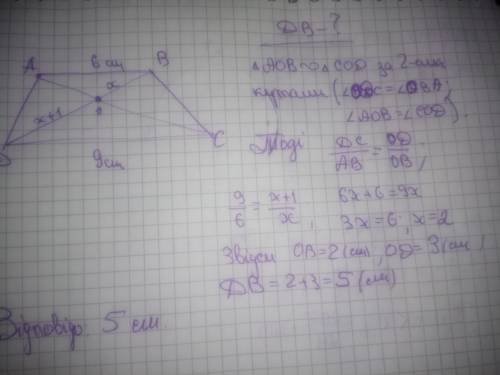Утрапеції abcdїї основи ab i cd дорівнюють відповідно 6 см і 9 си , а одна з диагоналей ділиться точ